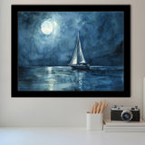 Muted Sailboat In Moonlight Watercolor Painting V3, Framed Art Print Wall Decor, Picture Framed Painting Art
