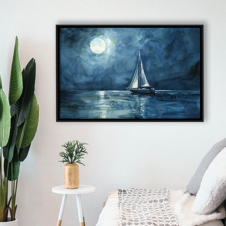 Muted Sailboat In Moonlight Watercolor Painting V3, Framed Canvas Print Wall Art Decor, Floating Frame Painting Canvas