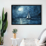 Muted Sailboat In Moonlight Watercolor Painting V3, Framed Canvas Print Wall Art Decor, Floating Frame Painting Canvas