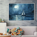 Muted Sailboat In Moonlight Watercolor Painting V3, Framed Canvas Print Wall Art Decor, Floating Frame Painting Canvas