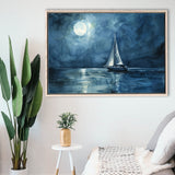 Muted Sailboat In Moonlight Watercolor Painting V3, Framed Canvas Print Wall Art Decor, Floating Frame Painting Canvas