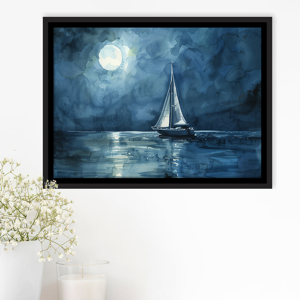 Muted Sailboat In Moonlight Watercolor Painting V3, Framed Canvas Print Wall Art Decor, Floating Frame Painting Canvas