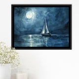 Muted Sailboat In Moonlight Watercolor Painting V3, Framed Canvas Print Wall Art Decor, Floating Frame Painting Canvas