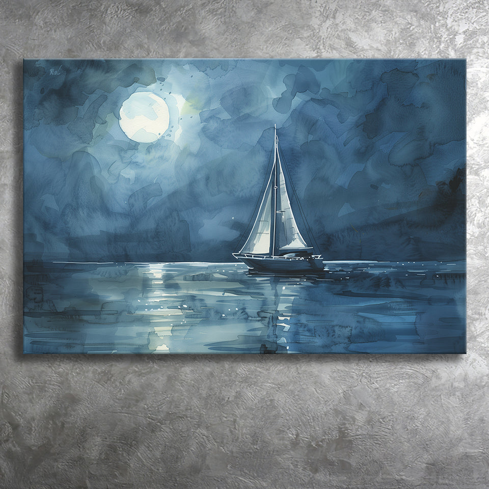 Muted Sailboat In Moonlight Watercolor Painting V3, Canvas Print Wall Art Home Decor, Painting Canvas Art Print