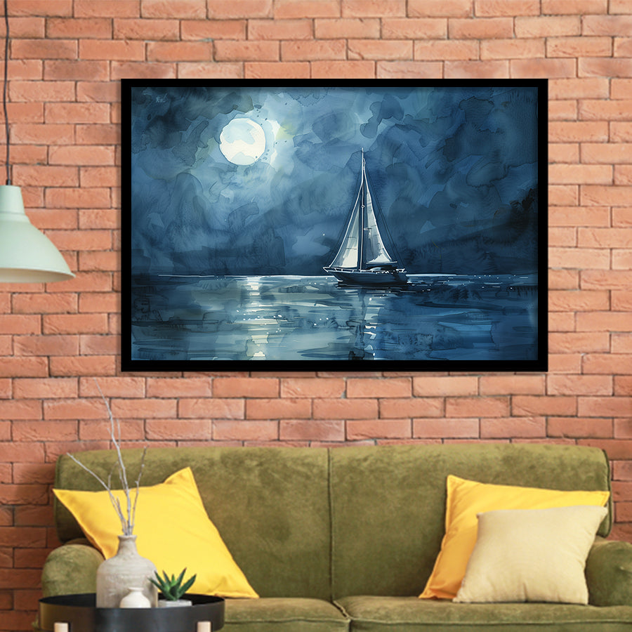 Muted Sailboat In Moonlight Watercolor Painting V3, Framed Art Print Wall Decor, Picture Framed Painting Art