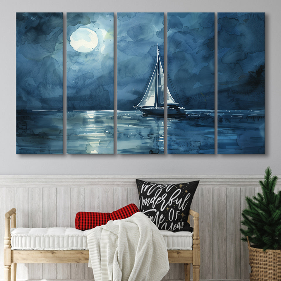Muted Sailboat In Moonlight Watercolor Painting V3, Mixed 5 Panel B Canvas Print Wall Art Decor, Extra Large Painting Canvas