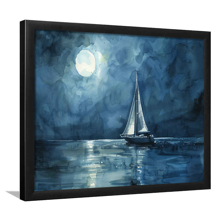 Muted Sailboat In Moonlight Watercolor Painting V3, Framed Art Print Wall Decor, Picture Framed Painting Art