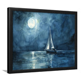 Muted Sailboat In Moonlight Watercolor Painting V3, Framed Art Print Wall Decor, Picture Framed Painting Art