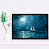 Muted Sailboat In Moonlight Watercolor Painting V3, Framed Art Print Wall Decor, Picture Framed Painting Art