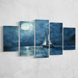 Muted Sailboat In Moonlight Watercolor Painting V3, Mixed 5 Panel Canvas Print Wall Art Home Decor, Large Canvas Painting