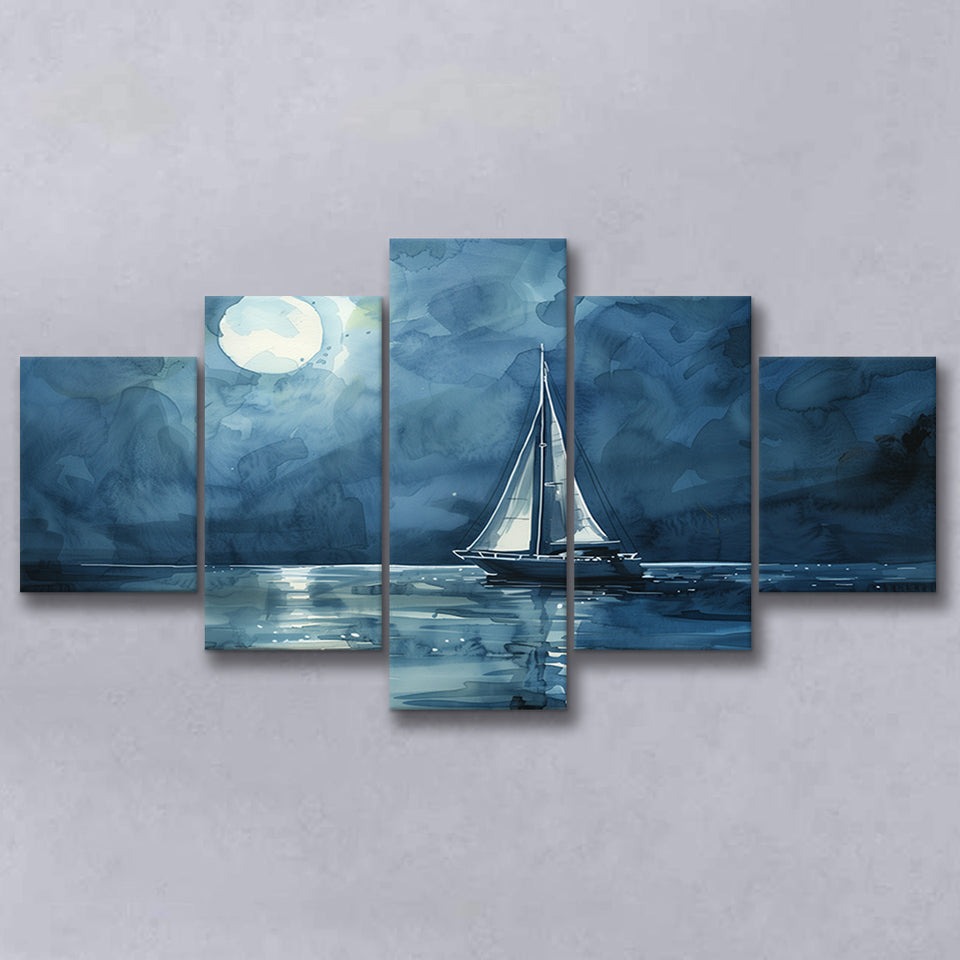 Muted Sailboat In Moonlight Watercolor Painting V3, Mixed 5 Panel Canvas Print Wall Art Home Decor, Large Canvas Painting