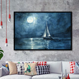 Muted Sailboat In Moonlight Watercolor Painting V3, Framed Art Print Wall Decor, Picture Framed Painting Art
