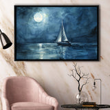 Muted Sailboat In Moonlight Watercolor Painting V3, Framed Canvas Print Wall Art Decor, Floating Frame Painting Canvas