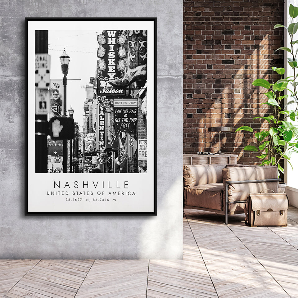 Nashville Usa, Wall Art For Travel Lovers, B&W, Floating Framed Canvas Print