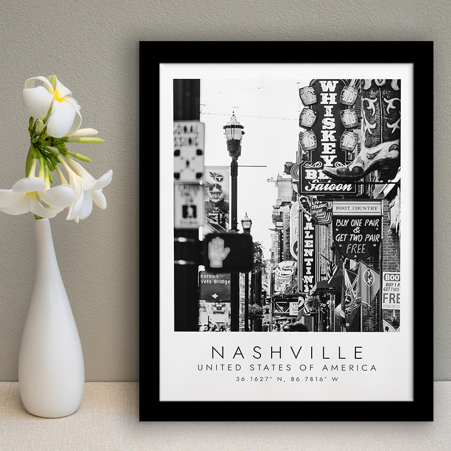 Nashville Usa, Print For Travel Lovers, Black And White, Framed Art Print Wall Decor