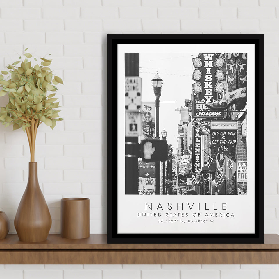 Nashville Usa, Wall Art For Travel Lovers, B&W, Floating Framed Canvas Print