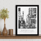 Nashville Usa, Wall Art For Travel Lovers, B&W, Floating Framed Canvas Print