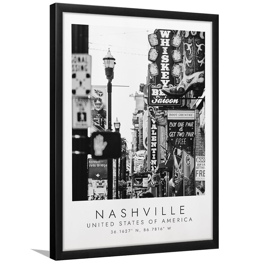 Nashville Usa, Print For Travel Lovers, Black And White, Framed Art Print Wall Decor