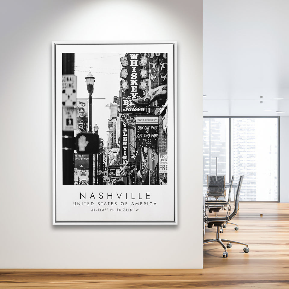 Nashville Usa, Wall Art For Travel Lovers, B&W, Floating Framed Canvas Print