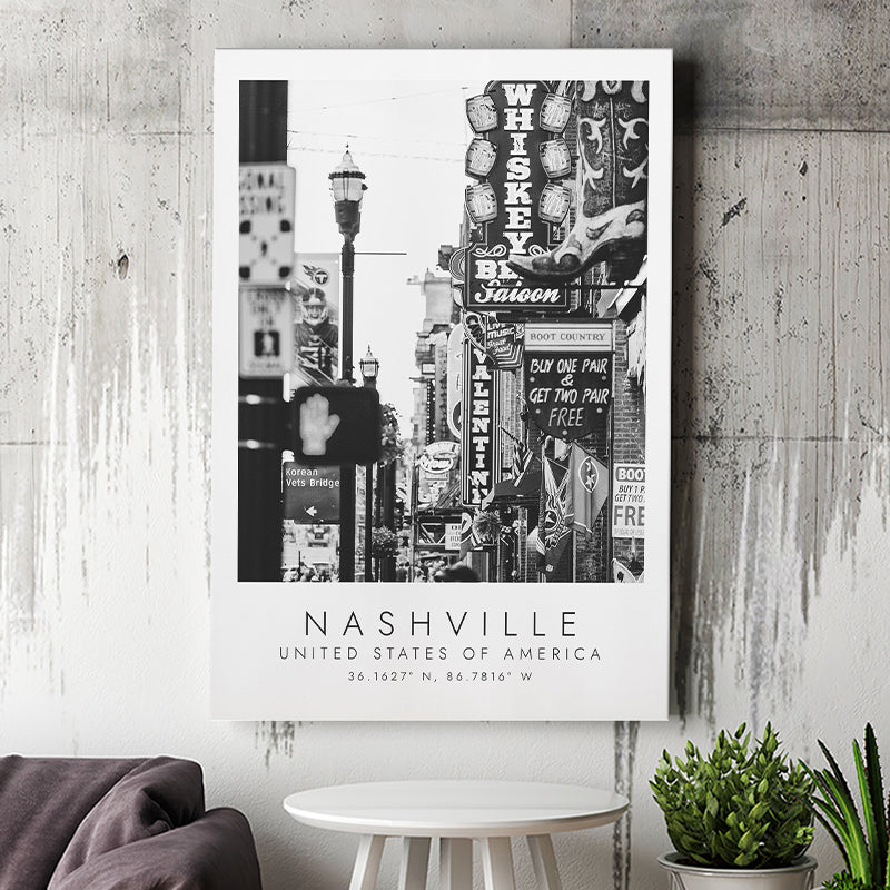 Nashville Usa, Print For Travel Lovers, Black And White, Canvas Print Wall Art