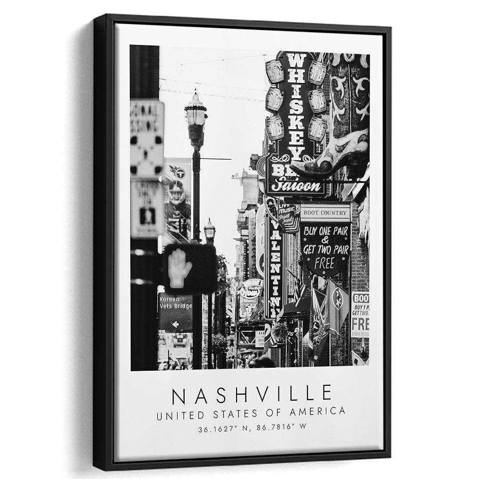 Nashville Usa, Wall Art For Travel Lovers, B&W, Floating Framed Canvas Print