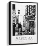 Nashville Usa, Wall Art For Travel Lovers, B&W, Floating Framed Canvas Print