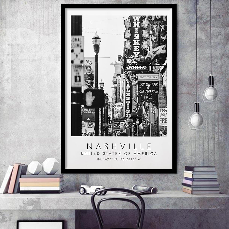 Nashville Usa, Print For Travel Lovers, Black And White, Framed Art Print Wall Decor