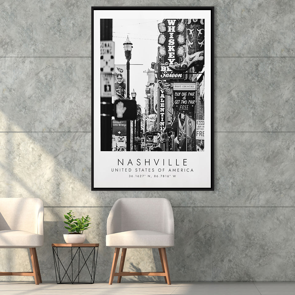 Nashville Usa, Wall Art For Travel Lovers, B&W, Floating Framed Canvas Print