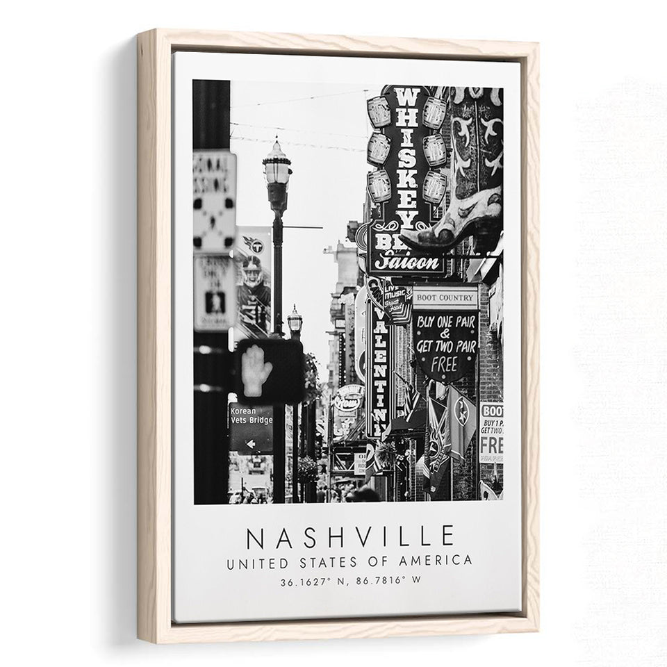 Nashville Usa, Wall Art For Travel Lovers, B&W, Floating Framed Canvas Print