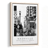 Nashville Usa, Wall Art For Travel Lovers, B&W, Floating Framed Canvas Print