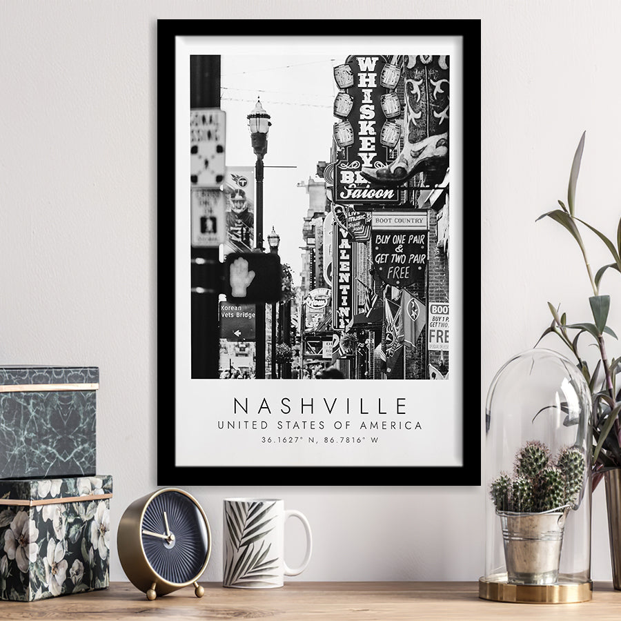 Nashville Usa, Print For Travel Lovers, Black And White, Framed Art Print Wall Decor
