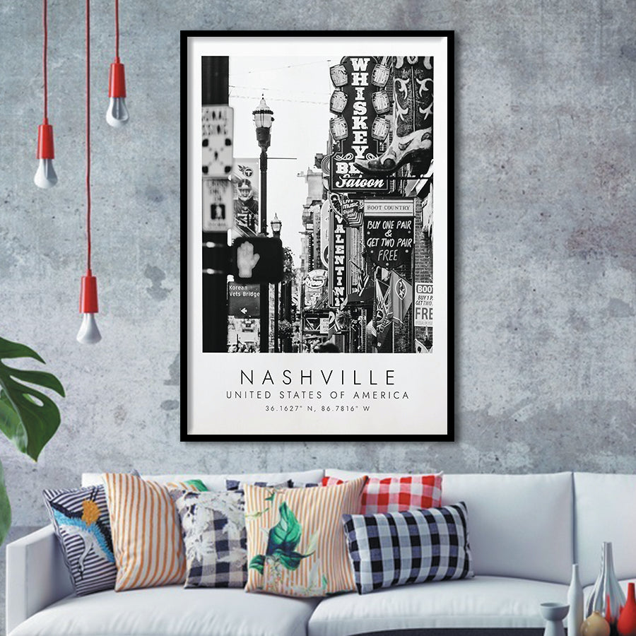 Nashville Usa, Print For Travel Lovers, Black And White, Framed Art Print Wall Decor