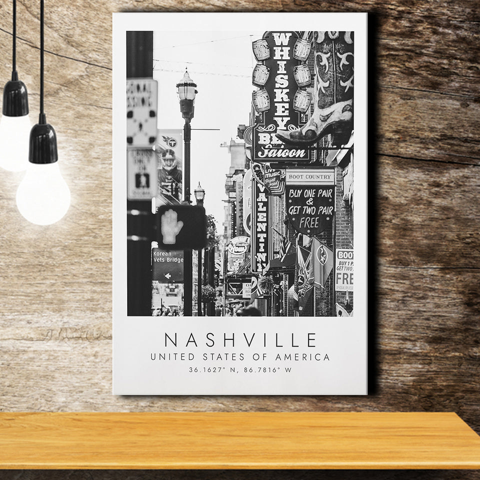 Nashville Usa, Print For Travel Lovers, Black And White, Canvas Print Wall Art