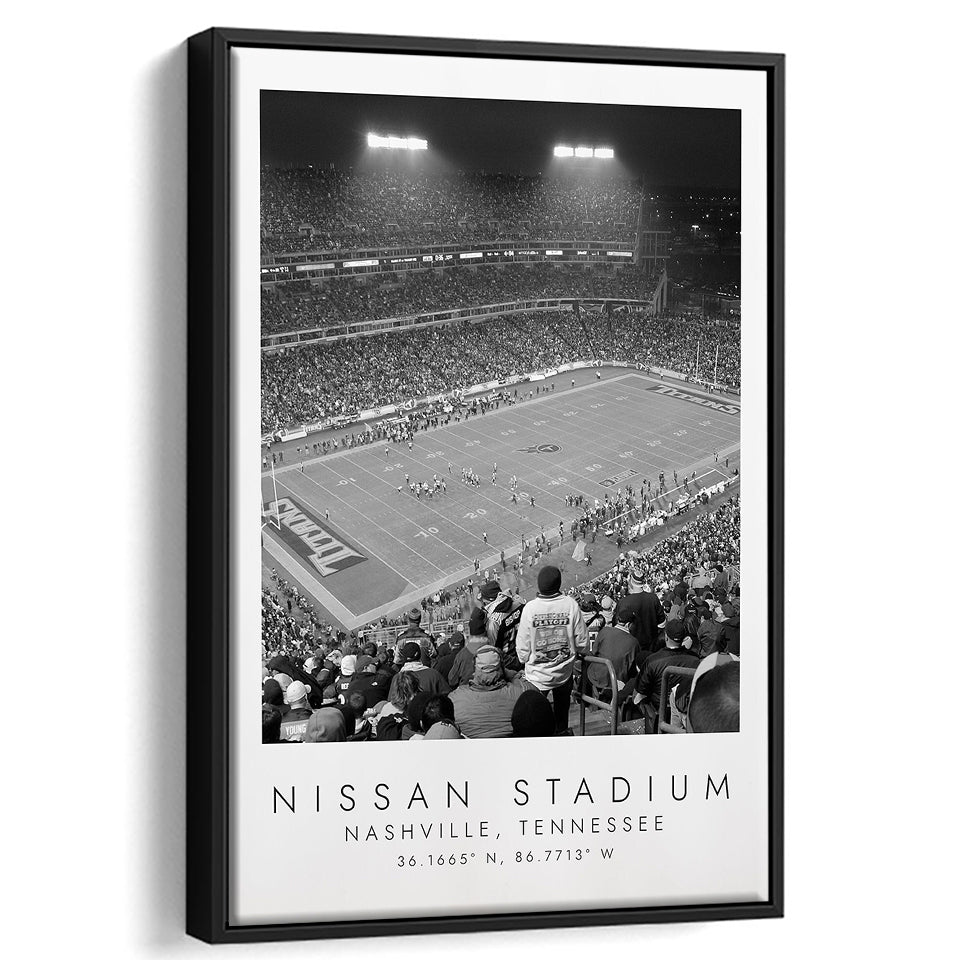 Nissan Stadium Tennessee Titans, Stadium Wall Art For Football Lovers, B&W, Floating Framed Canvas Print