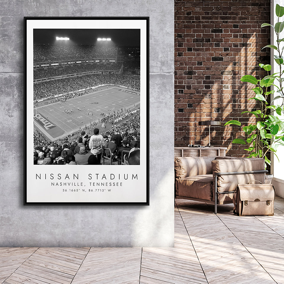 Nissan Stadium Tennessee Titans, Stadium Wall Art For Football Lovers, B&W, Floating Framed Canvas Print