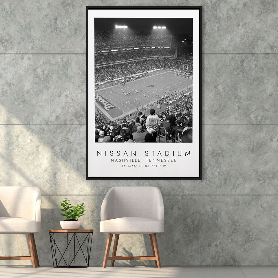 Nissan Stadium Tennessee Titans, Stadium Wall Art For Football Lovers, B&W, Floating Framed Canvas Print