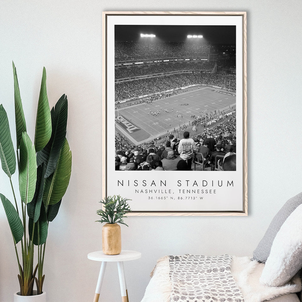 Nissan Stadium Tennessee Titans, Stadium Wall Art For Football Lovers, B&W, Floating Framed Canvas Print
