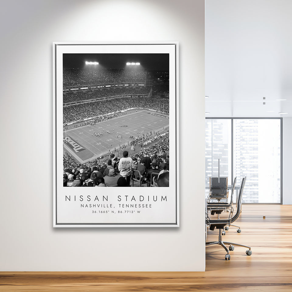 Nissan Stadium Tennessee Titans, Stadium Wall Art For Football Lovers, B&W, Floating Framed Canvas Print