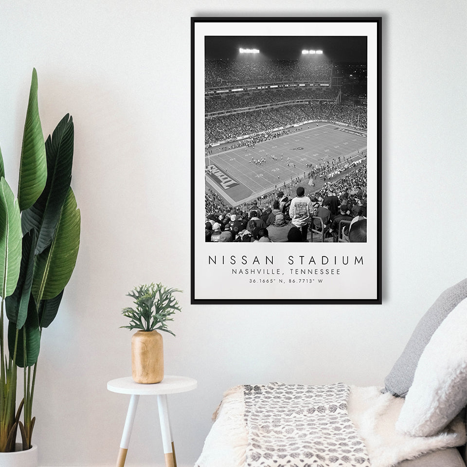 Nissan Stadium Tennessee Titans, Stadium Wall Art For Football Lovers, B&W, Floating Framed Canvas Print
