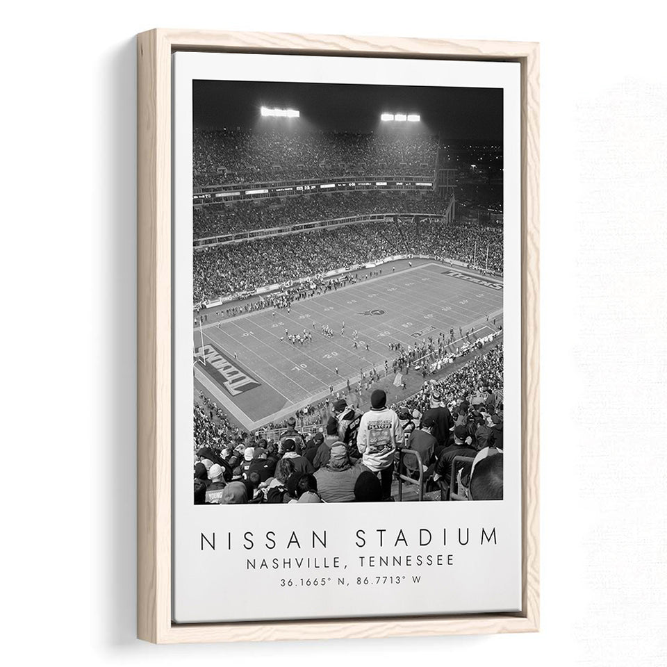 Nissan Stadium Tennessee Titans, Stadium Wall Art For Football Lovers, B&W, Floating Framed Canvas Print