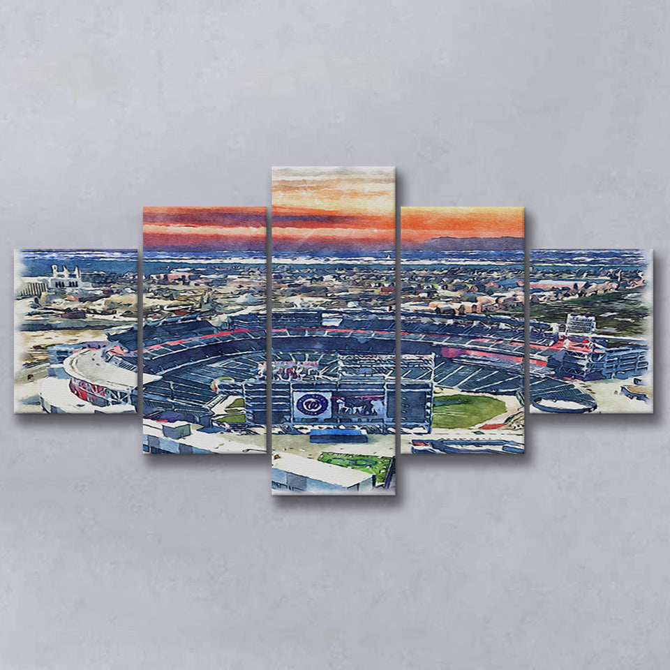 Nationals Park WaterColor 5 Panels Mix Canvas Prints, Washington, D.C. Baseball Watercolor, Large Stadium Canvas