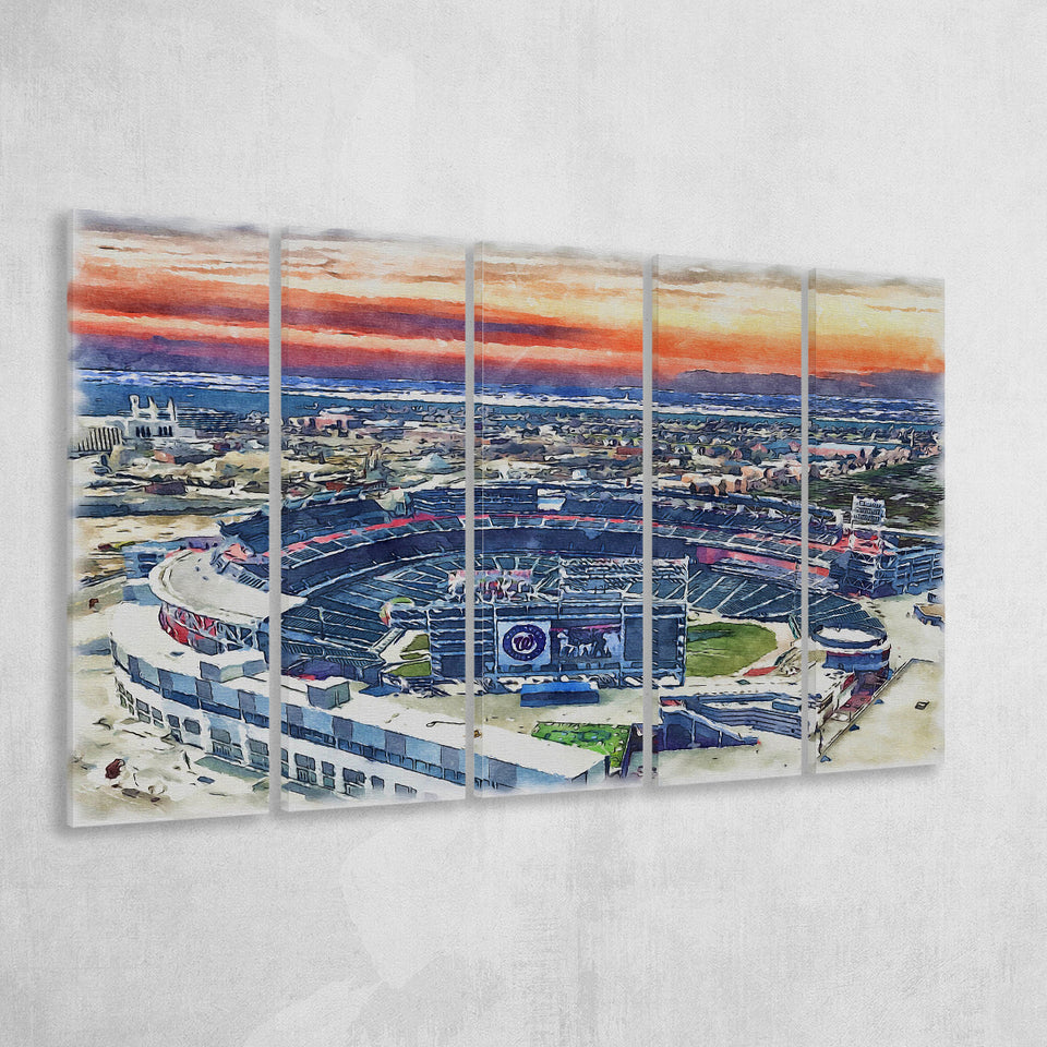 Nationals Park WaterColor 5 Panels B Mixed Canvas Prints, Extra Large, Washington, D.C. Baseball Watercolor
