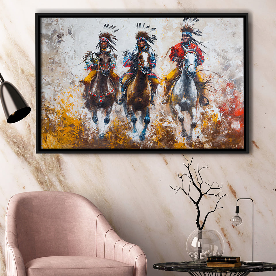Native American African Man Riding Horses Oil Painting, Framed Canvas Print Wall Art Decor, Floating Frame Painting Canvas