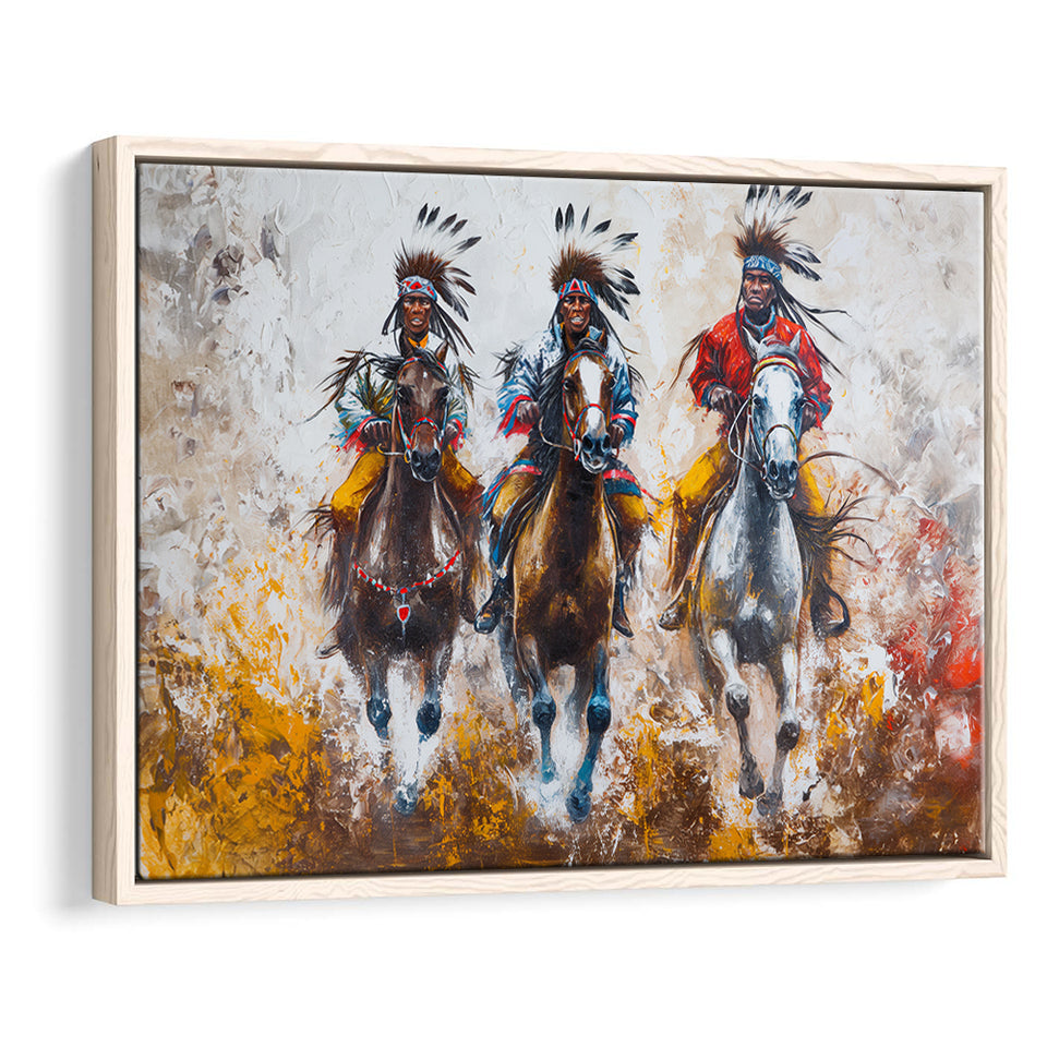 Native American African Man Riding Horses Oil Painting, Framed Canvas Print Wall Art Decor, Floating Frame Painting Canvas