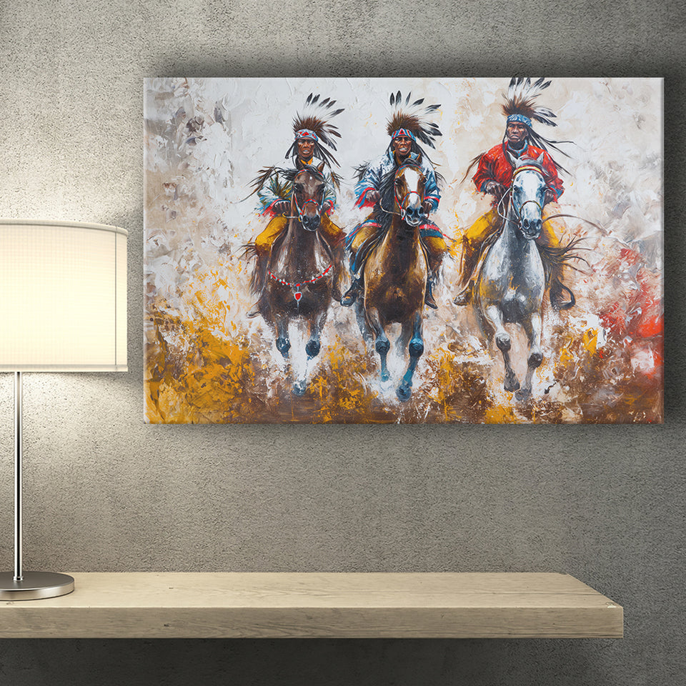 Native American African Man Riding Horses Oil Painting, Canvas Print Wall Art Home Decor, Painting Canvas Art Print