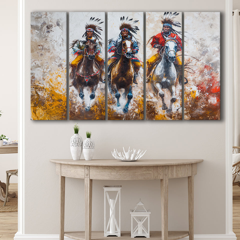 Native American African Man Riding Horses Oil Painting, Mixed 5 Panel B Canvas Print Wall Art Decor, Extra Large Canvas