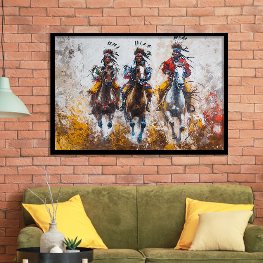 Native American African Man Riding Horses Oil Painting, Framed Art Print Wall Decor, Picture Framed Painting Art
