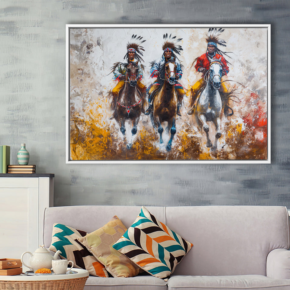 Native American African Man Riding Horses Oil Painting, Framed Canvas Print Wall Art Decor, Floating Frame Painting Canvas