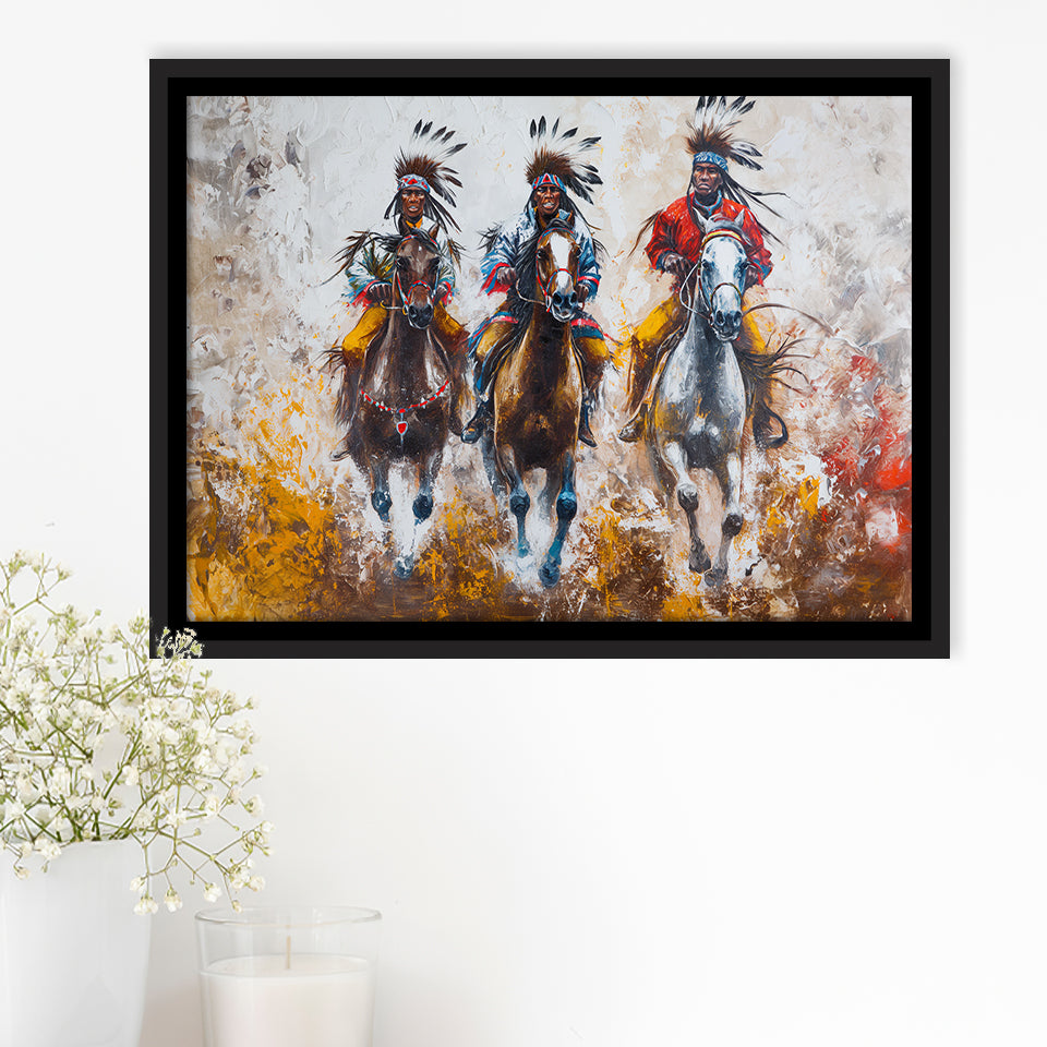 Native American African Man Riding Horses Oil Painting, Framed Canvas Print Wall Art Decor, Floating Frame Painting Canvas