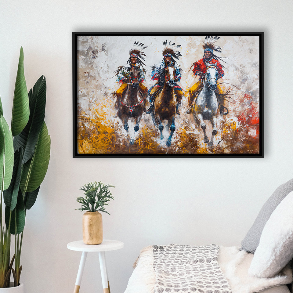 Native American African Man Riding Horses Oil Painting, Framed Canvas Print Wall Art Decor, Floating Frame Painting Canvas